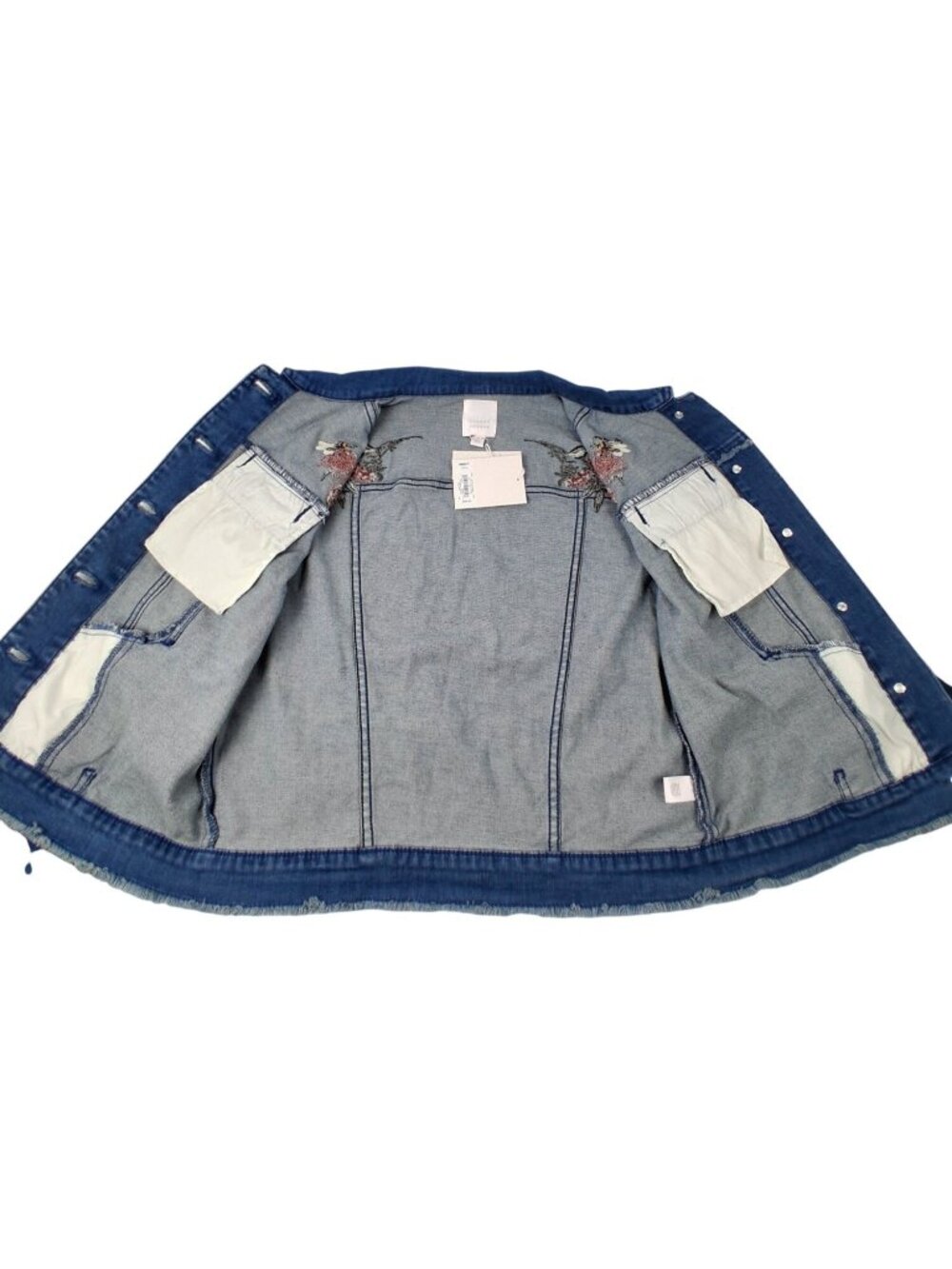 NWT Lauren Conrad Womens Size S Denim Jacket w/ Fraying & Embroidered Roses Bees - Picture 3 of 16